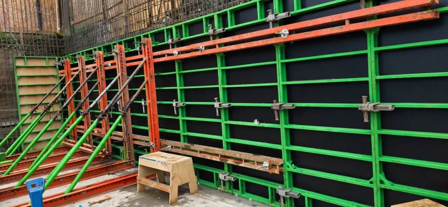 Detalle de un panel de moldaje metálico instalado en obra